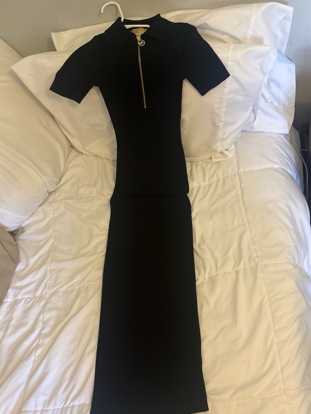 Michael Kors Black Ribbed Polo Zip Maxi Dress with Gold Hardware
